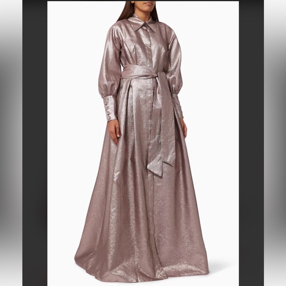 Teri Jon Metallic Jacquard Shirt Dress Event Glown Maxi Long Sleeves Size 12 - Picture 3 of 16